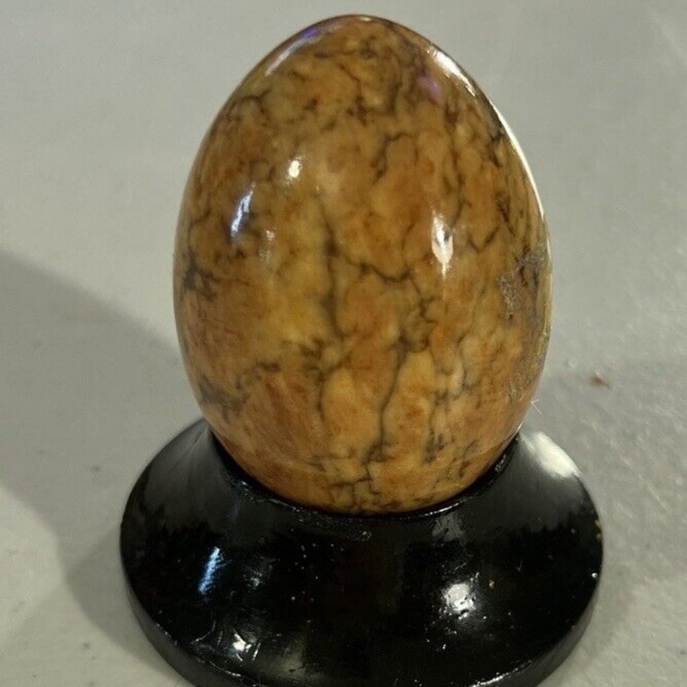 Vintage Alabaster Stone Marble egg yellow Pink Brown On Stand